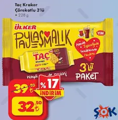 ÜLKER TAÇ KRAKER ÇÖREKOTLU 3'LÜ 228 G
